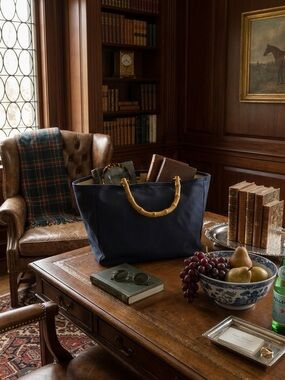 Navy Canvas Tote Bag with Bamboo Handles